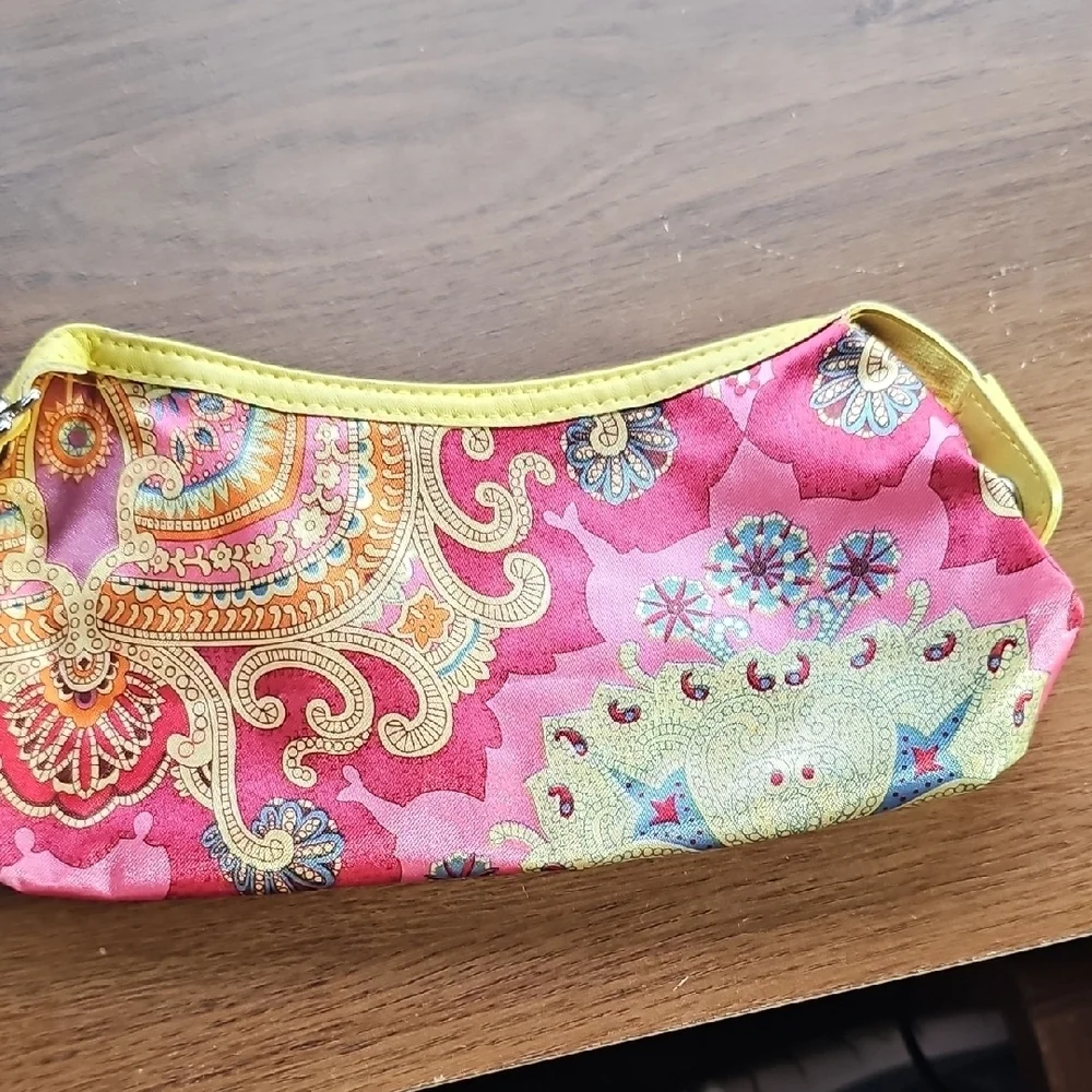 New Sisley-Paris Pink and Yellow Paisley Satin Make-up Cosmetic Bag